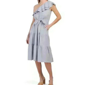 Nicole Miller One Shoulder Ruffle Trim Linen Tiered Midi Dress Size Sm